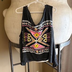 Source Unknown Black Tank Top with Pink & Yellow Tribal Print